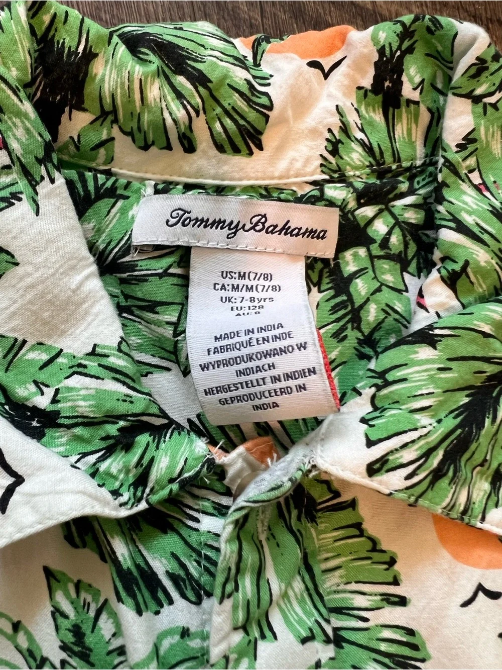 Boys Tommy Bahama White Short Sleeve Shirt with Green Palm & Pink Flamingo Print